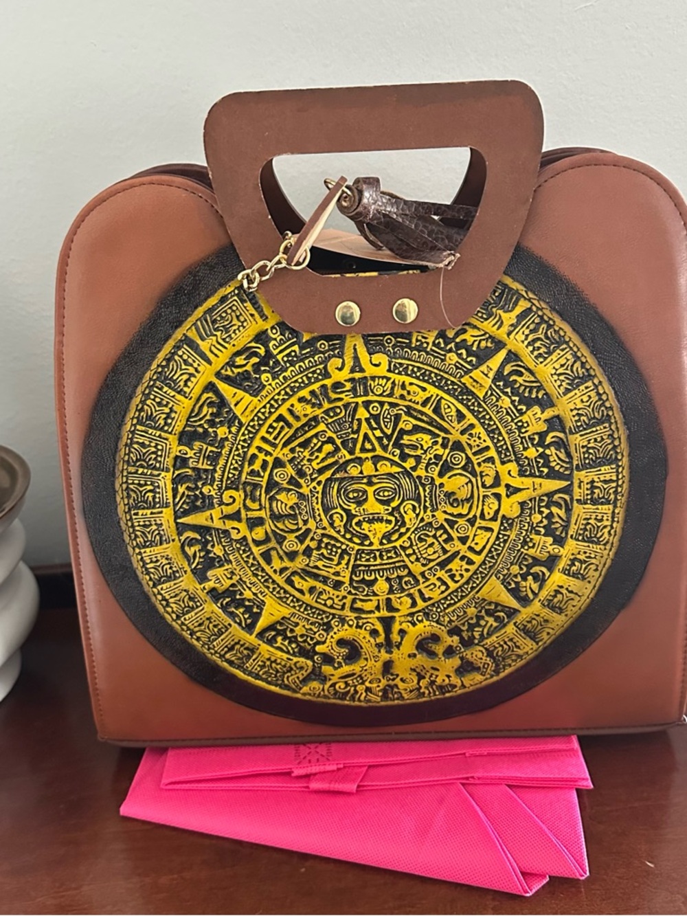 elegant Handbag Yellow Aztec Medallion Accent